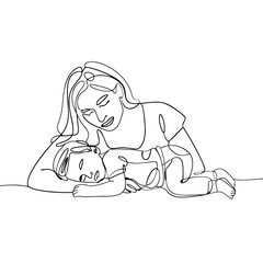 Obraz premium Mother and Child Sleeping Line Art Symbolizing Maternal Love and Bond