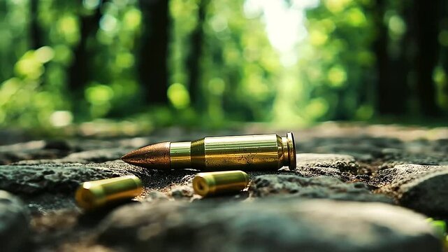 A close-up of a . Remington cartridge case lying on a stone path, its highly reflective brass surface contrasting with the rugged, textured stone, framed by a blurred green fore