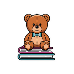 Obraz premium Cute Teddy Bear Sitting on Colorful Books with Bowtie Vector Illustration
