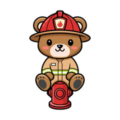 Fototapeta premium Adorable Firefighter Teddy Bear Sitting on Fire Hydrant Vector Illustration