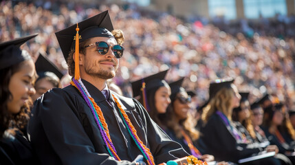 Graduation day: A graduate student enjoys the ceremony surrounded by peers.