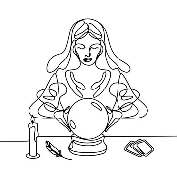 recommend clip art: Mystical Fortune Teller Line Art with Crystal Ball and Cards