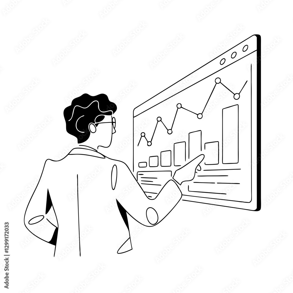 Aufkleber person analyzing data on interactive graph screen in office setting vector illustration