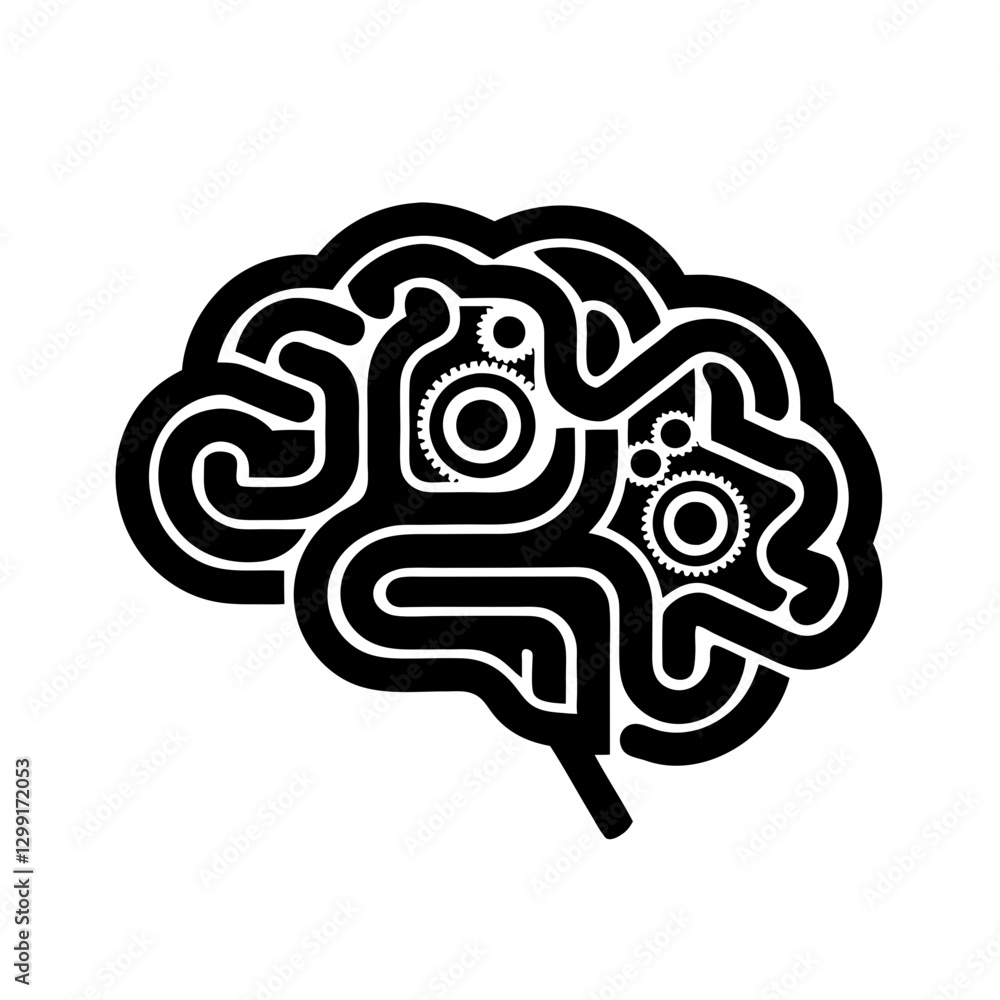 Poster brain gears vector illustration symbolizing connection between thought and technology