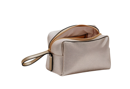 Stylish open cosmetic bag showcased in side view, featuring elegant design.
