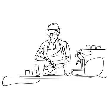 recommend clip art: Barista Preparing Coffee Continuous Line Vector Art for Cafe