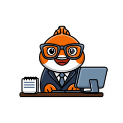Obraz premium Cartoon Fish Businessman with Glasses Working at Desk
