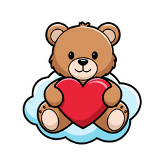 Obraz premium Cute Teddy Bear Holding Heart on Fluffy Cloud Vector Illustration for Love and Affection Themes