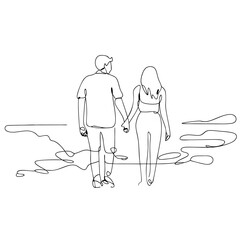 Romantic Couple Walking Hand in Hand Minimalist Line Art Vector Illustration