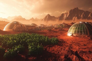 futuristic space colony on Mars, showcasing red desolated landscapes and biodomes housing green plant life
