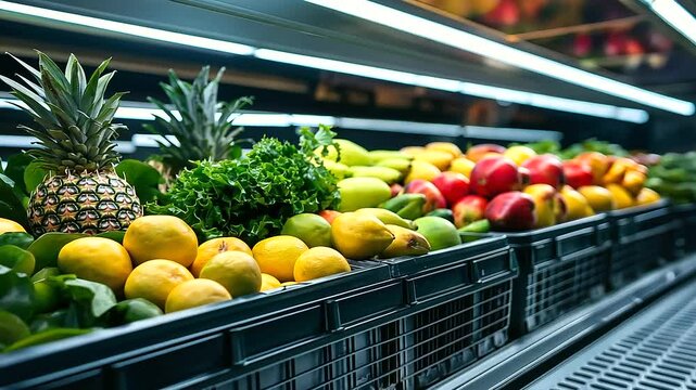 An organized view of fruits like mangoes and pineapples along with leafy greens packed securely in the cargo section of an aircraft, with light reflecting off their freshness.