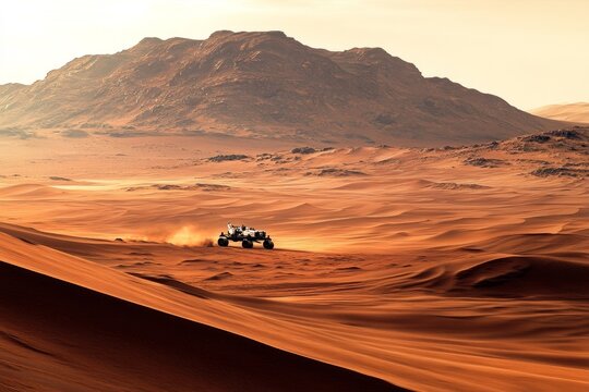 Mars rover exploring the surface, manoeuvring across vast, sandy dunes with the colossal Olympus Mons in the background