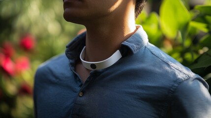 Fototapeta premium Man wearing a modern wearable device in a lush garden setting, surrounded by vibrant foliage