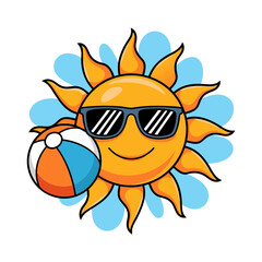 Naklejka premium Summer Sun with Sunglasses and Beach Ball Vector Illustration for Fun in the Sun Concepts
