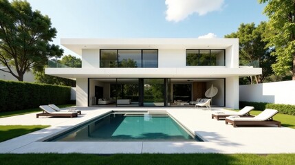 Fototapeta premium Modern Minimalist Two-Story Home with Private Pool and Lush Landscaping
