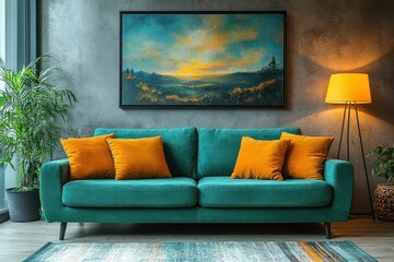 Cozy living room featuring a vibrant teal sofa, colorful cushions, and warm lighting in a modern interior design setting