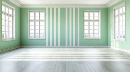 Fototapeta premium Empty Room Interior with Green Striped Walls White Framed Windows and Sunlight on Wooden Floor