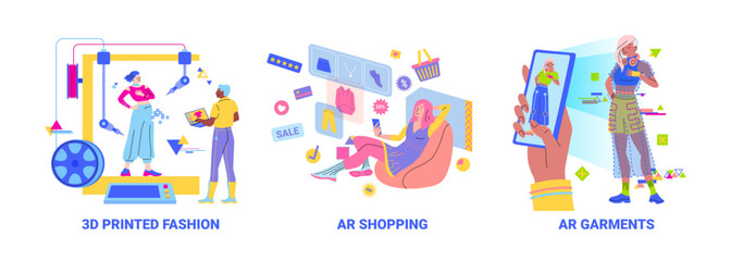 Cartoon Color 3D Printed Fashion, Ar Shopping and Garments Concept with Characters Flat Design Style. Vector illustration