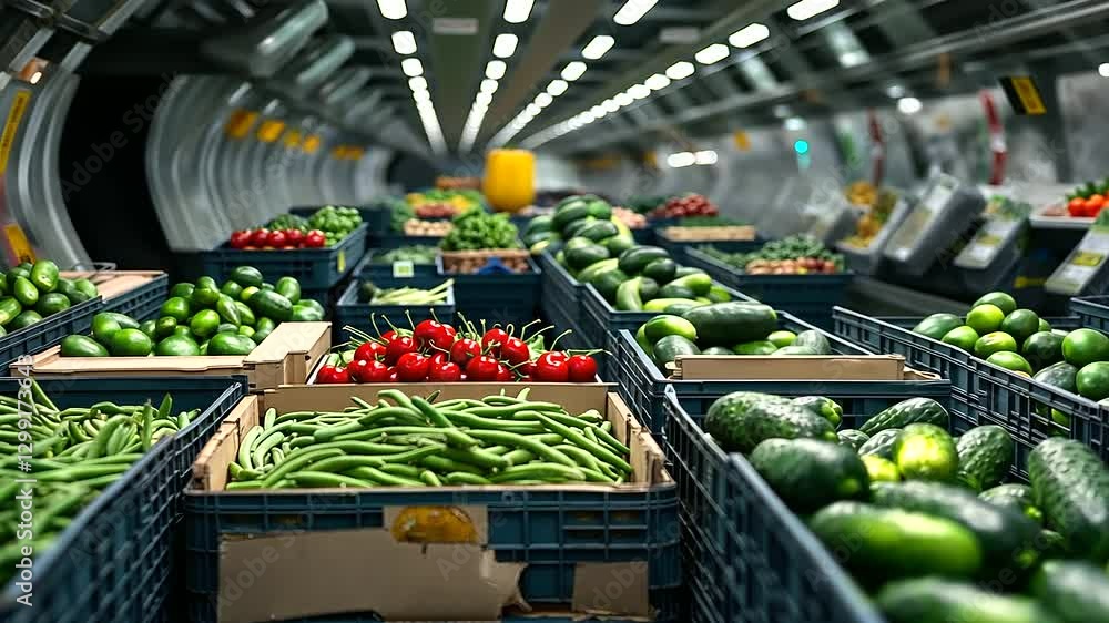 Poster an organized array of produce crates featuring green beans, cherries, and cucumbers, loaded into a c