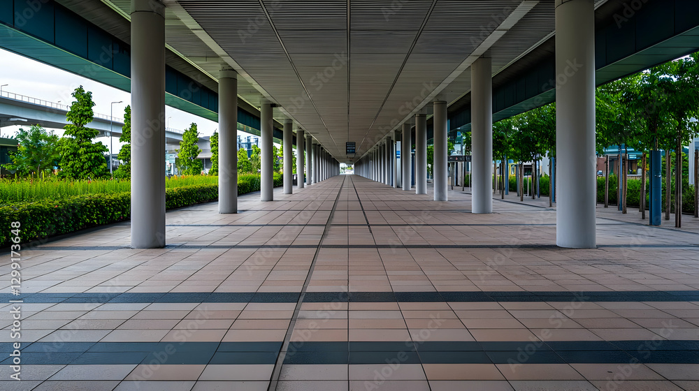 Poster symmetrical perspective of modern architecture with concrete columns covered walkway and geometric p