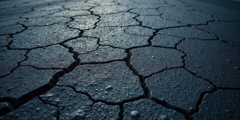 Arid Landscape Detailed Texture of Cracked, Dark Earth Surface with Subtle Dew Drops