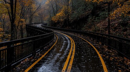 Fototapeta premium Rainy autumn road curving through forest