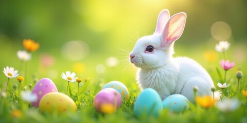 A fluffy white bunny rabbit sits amidst colorful Easter eggs and vibrant wildflowers in a sunlit meadow, enjoying the springtime season.