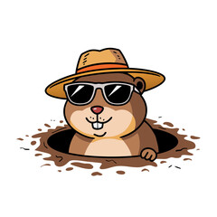 Cool Groundhog Wearing Sunglasses and Straw Hat Popping Out of Burrow Vector Illustration