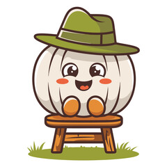 Cute Pumpkin Character with Hat Sitting on Bench Illustration