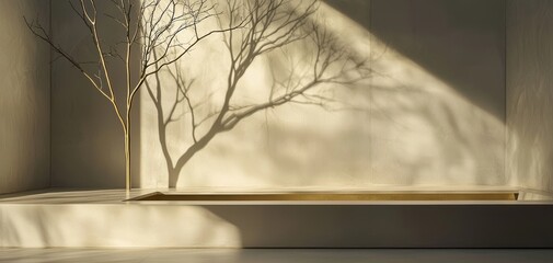 A golden light fixture shaped like tree branches, casting organic shadows onto a minimalist living space