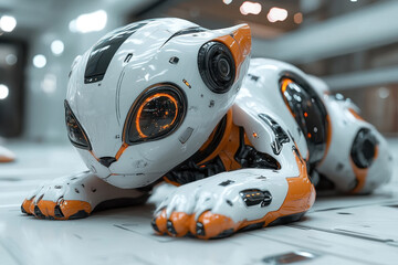Futuristic robotic cat lying on a sleek floor in a high-tech environment showcasing advanced design and artificial intelligence