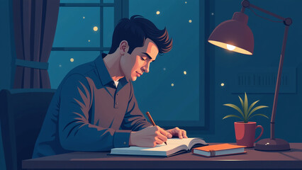 A man is writing notes in a personal journal at night.