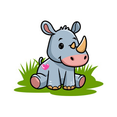 Fototapeta premium Cute Baby Rhino Cartoon Illustration with Heart in Grass for Kids Decor