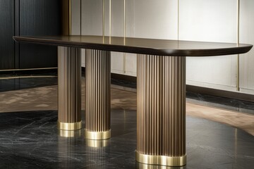 Obraz premium A handcrafted wooden dining table with golden leg accents, surrounded by plush earth-toned seating