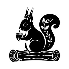 Squirrel on Log Holding Acorn Vector Illustration with Leaf Detail