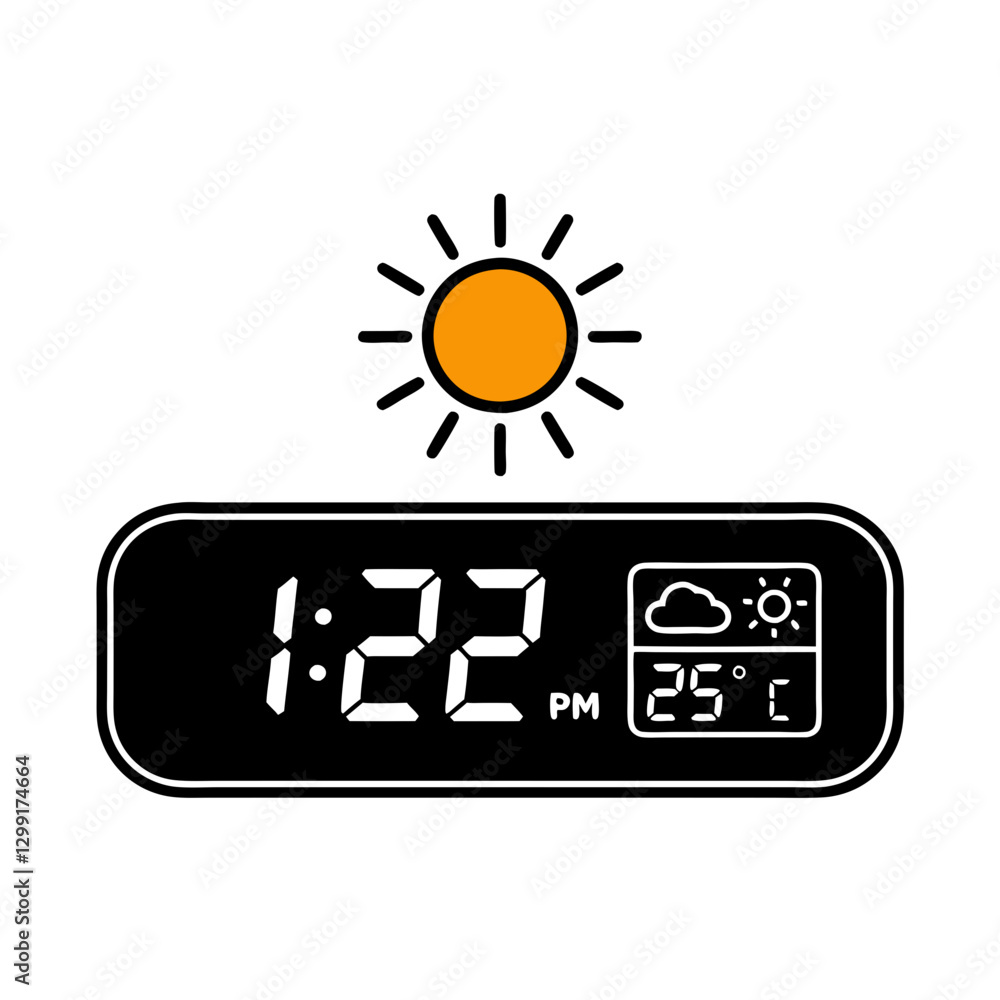 Poster digital clock weather display with sun and temperature vector illustration