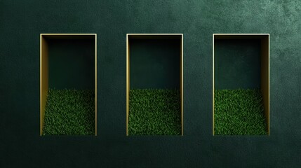 A luxurious green-roofed penthouse with golden window frames seamlessly merging into nature