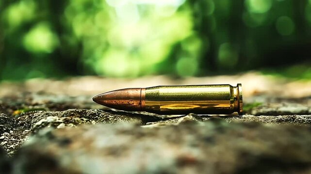 A close-up of a . Remington cartridge case lying on a stone path, its highly reflective brass surface contrasting with the rugged, textured stone, framed by a blurred green fore