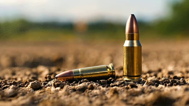 A close-up of a cartridge case from a large-caliber rifle, lying on the dusty, cracked earth of a shooting range, with the target area in the blurred background.
