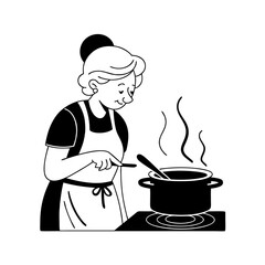 Elderly Woman Cooking in Kitchen Stove Vector Illustration for Culinary Themes