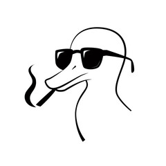 Minimalist black and white cartoon illustration of a cool duck wearing sunglasses and smoking a cigarette. Funny and stylish animal character with a confident attitude, ideal for logos, prints, and