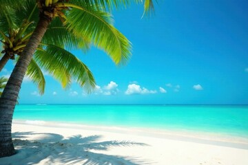 Tranquil Beach Scene Lush Palm Trees Frame a Pristine Shoreline with Turquoise Waters Under a Vibrant Sky