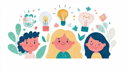 Fototapeta premium Creative Girls with Bright Ideas: Illustration for Education and Teamwork