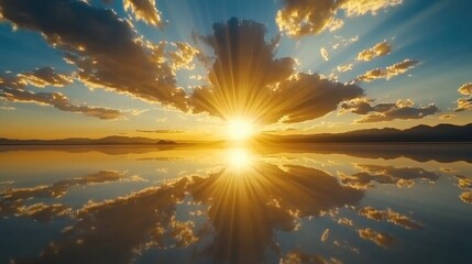 Stunning Sunrise Over Salt Flat Surface Reflecting Sky Hues