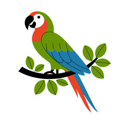 Colorful Parrot Vector Art Illustration on Branch with Leaves