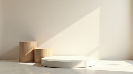 Minimalist product display with cylindrical wooden and white platforms against a neutral backdrop illuminated by sunlight