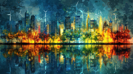 Vibrant city at night shines with renewable energy, featuring solar panels and wind turbines over shimmering water reflections