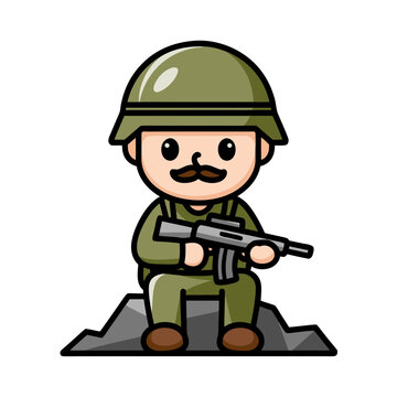 recommend clip art: Cartoon Soldier Character Vector with Helmet and Rifle in Military Green Uniform