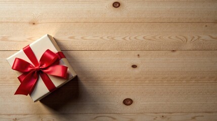 Fototapeta premium A single elegantly wrapped gift box with a vibrant red ribbon sits on a light wood surface, ready for a special occasion