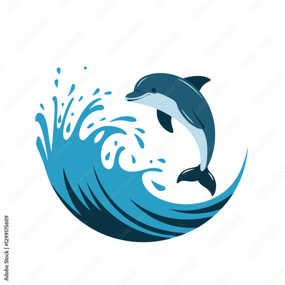 Poster jumping dolphin vector art with splashing ocean waves